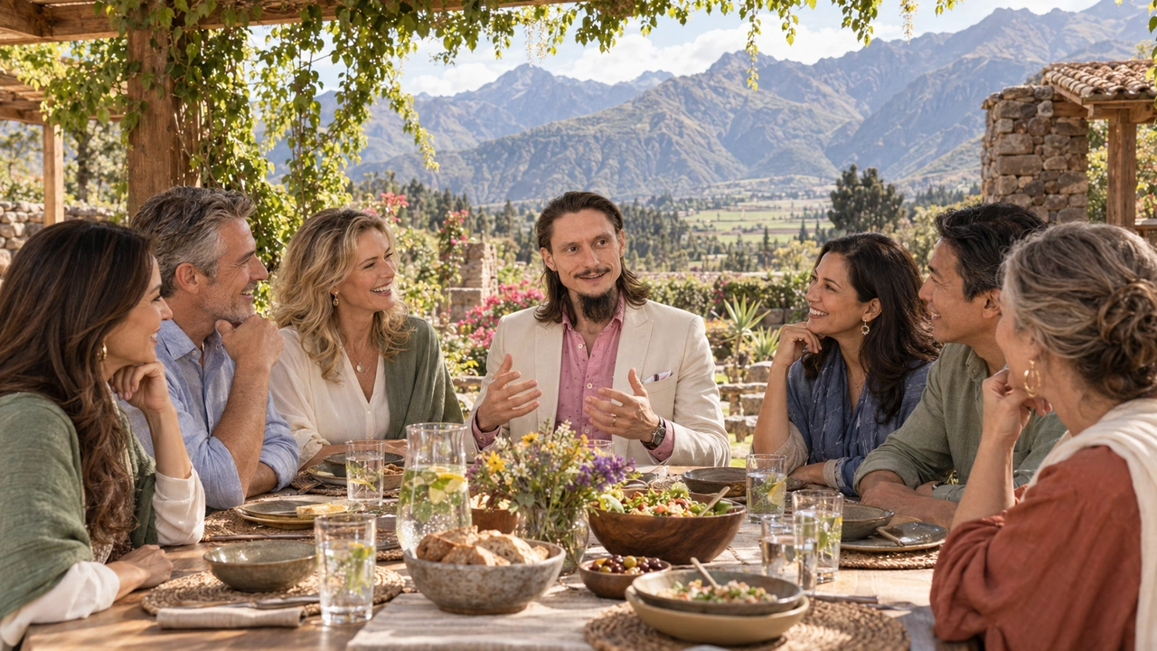 AI-generated editorial scene: Florian Rolke and an illustrative group sharing a relaxed meal conversation with the Andes behind them. People and settings are illustrative.
