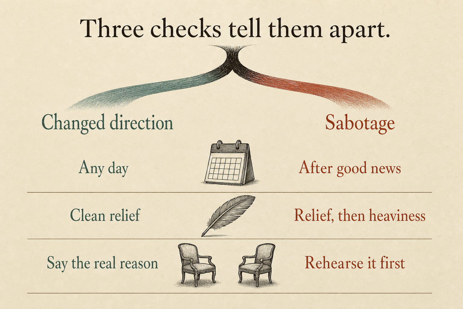 Two-column comparison of changed direction and sabotage using timing, emotional residue, and whether the real reason can be said plainly.