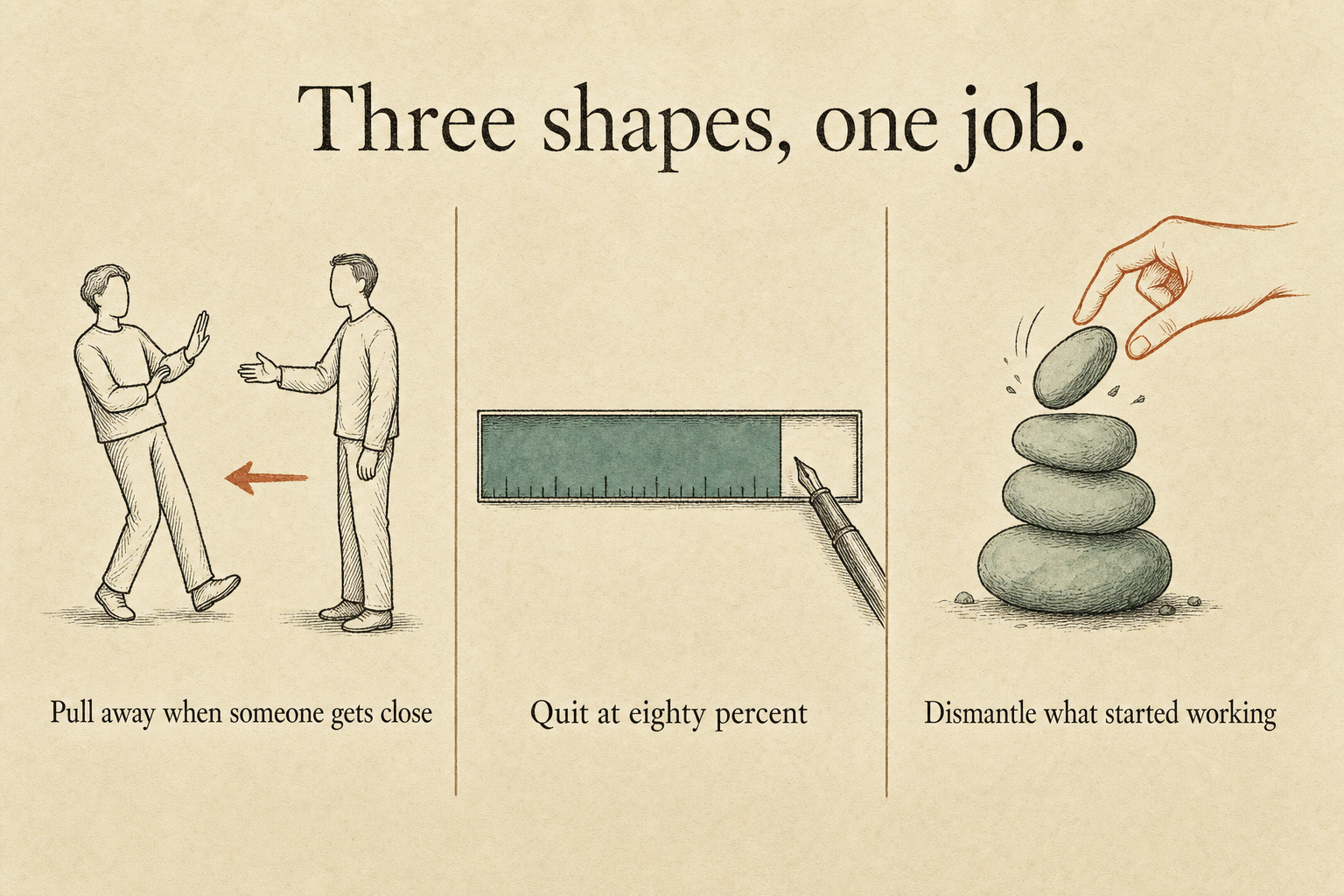 Three-panel illustration of pulling away from closeness, quitting at eighty percent, and dismantling a success.
