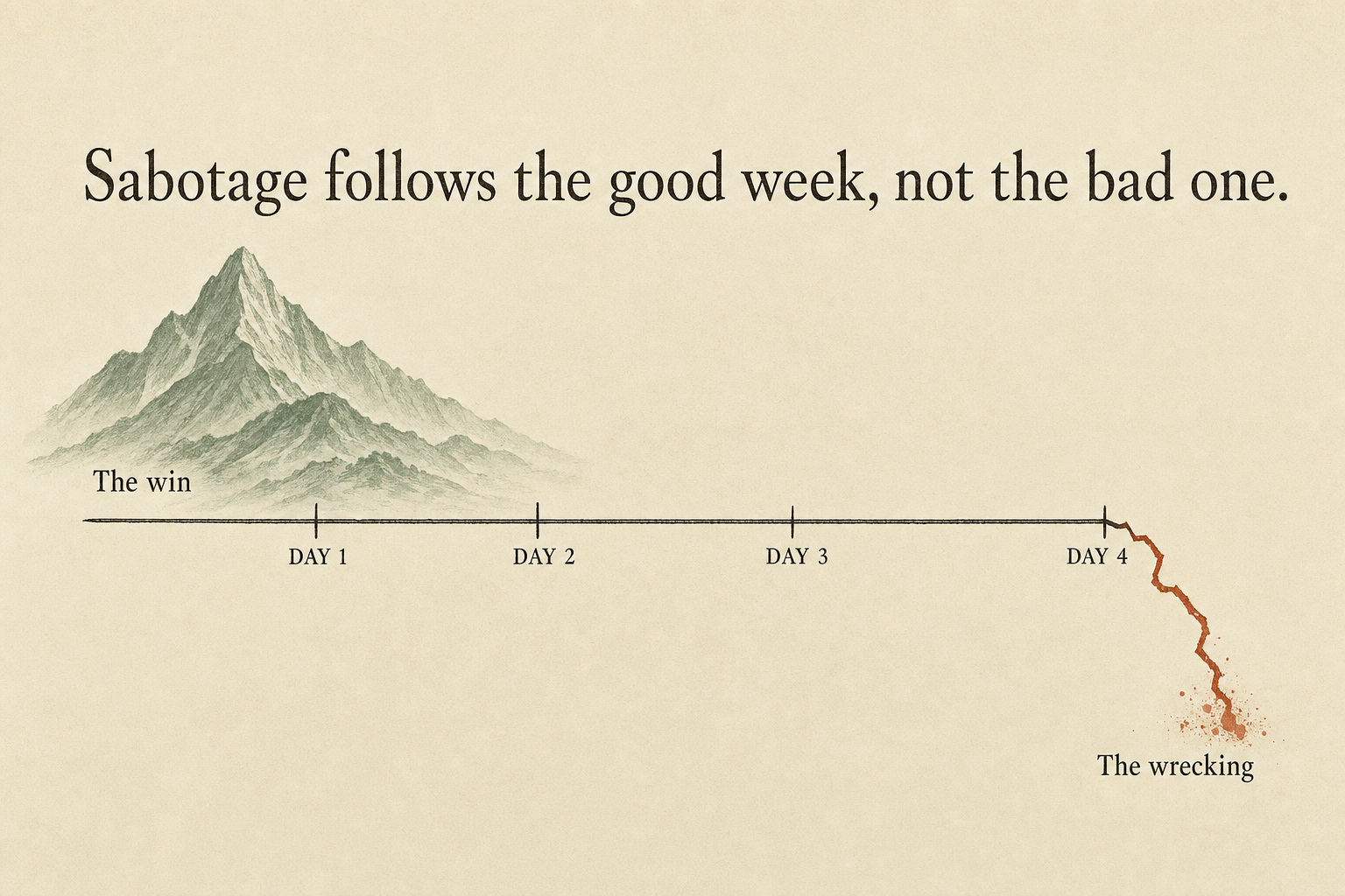 Timeline showing a win, days one through four, and then a terracotta fracture labeled the wrecking.